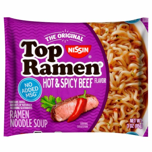 Nissin Top Ramen Hot & Spicy Beef Flavor Noodle Soup Perspective: front