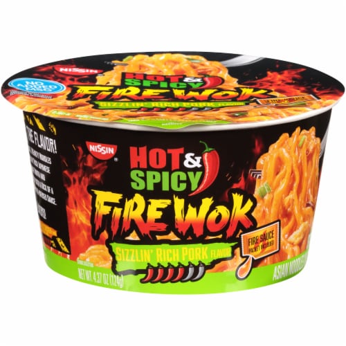 Nissin® Hot & Spicy Fire Wok Sizzlin' Rich Pork Flavor Stir Fry Asian Noodles in Sauce Perspective: front