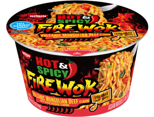 Nissin® Hot & Spicy Fire Wok Volcanic Mongolian Beef Noodles Cup Perspective: front