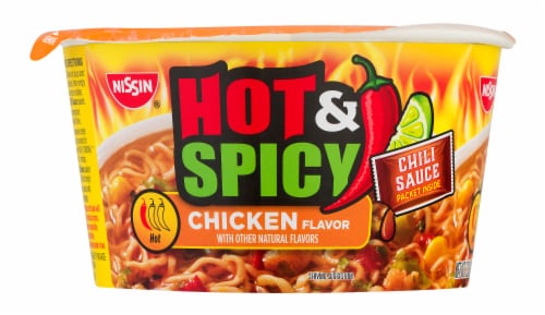 Nissin Hot & Spicy Chicken Flavor Ramen Noodle Soup Bowl Perspective: front