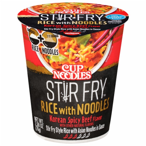 Nissin Cup Noodles Stir Fry Korean Spicy Beef Flavor Rice with Noodles Perspective: front