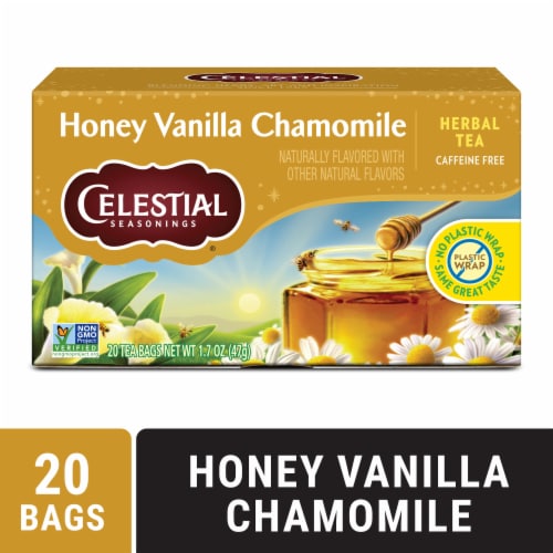 Celestial Seasonings Caffeine Free Honey Vanilla Chamomile Herbal Tea Perspective: front