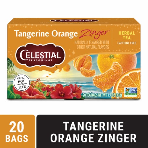 Celestial Seasonings Caffeine Free Tangerine Orange Zinger Herbal Tea Perspective: front