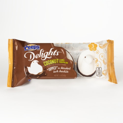 Peeps Delights Coconut Flavored Marshmallow Chicks Dipped in Dark Chocolate Perspective: front