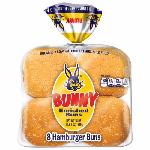 Bunny Bread Sesame Hamburger Buns Enriched White Bread Sesame Seeded Hamburger Buns Perspective: front