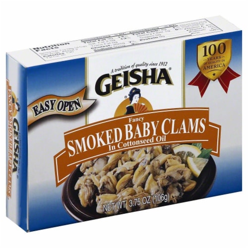 Geisha Fancy Smoked Baby Clams in Cottonseed Oil Perspective: front