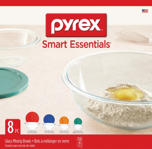 4 pyrex glass mixing bowls with lids 