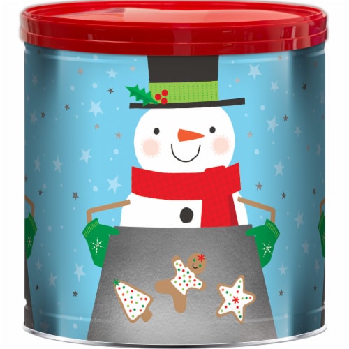 GiftPOP™ Snowman + Cookie Design Holiday Popcorn Tin Perspective: front