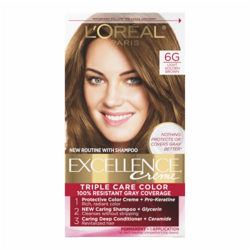 L'Oreal Paris Excellence Creme 6G Light Golden Brown Permanent Triple Care Hair Color Perspective: front