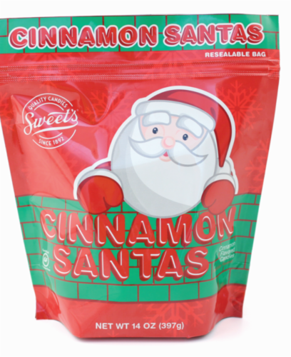 Sweet's Cinnamon Santas Holiday Candy Bag Perspective: front