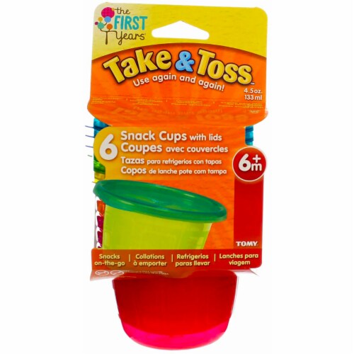 The First Years Take & Toss Snack Cups, Assorted Colors, 4.5 oz, 6 Ct Perspective: front