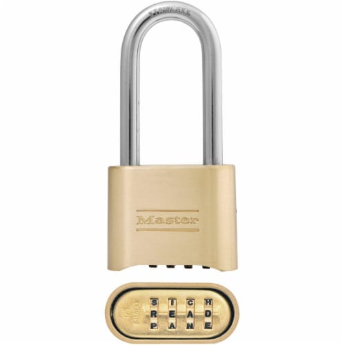 Master Lock 2 In. Zinc Brass Colored Alpha Long Shackle Combination Padlock Perspective: front