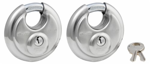 Master Lock Shrouded Stainless Steel Disk Padlock Perspective: front