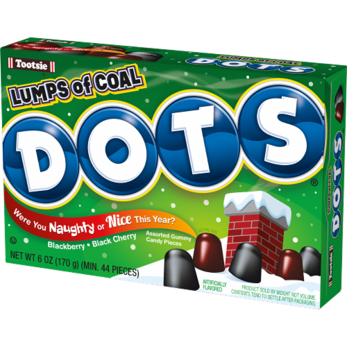 DOTS® Lumps of Coal Blackberry and Black Cherry Flavored Gumdrops Holiday Candy Box Perspective: front