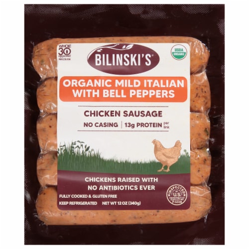 Bilinski's® Organic Mild Italian with Bell Peppers Chicken Sausage Links Perspective: front