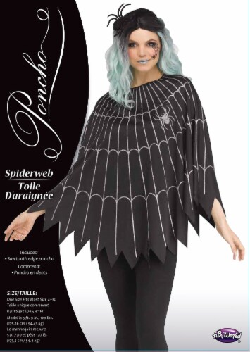 Adult Black and Silver Spider Web Poncho Halloween Costume Perspective: front