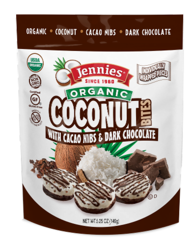 Jennies Organic Coconut Bites with Cacao Nibs & Dark Chocolate Perspective: front