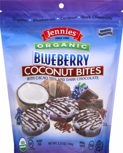 Jennies Organic Wild Blueberry Coconut Bites with Cacao Nibs & Dark Chocolate Perspective: front