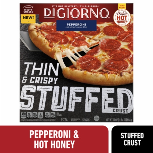 DiGiorno Frozen Pepperoni Thin and Crispy Stuffed Crust Pizza with Mike’s Hot Honey Perspective: front