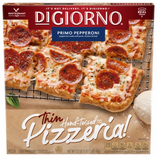 DIGIORNO Pizzeria Primo Pepperoni Frozen Pizza on a Thin Hand