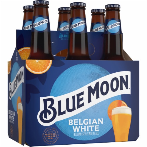 Blue Moon Belgian White Wheat Beer, 5% ABV, 6-pack, 12-oz beer bottles Perspective: front