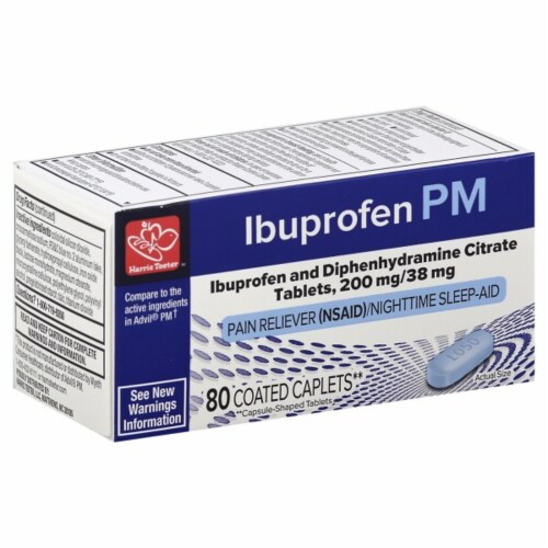 Harris Teeter™ Ibuprofen PM Pain Reliever Nighttime Sleep-Aid Coated Caplets Perspective: front