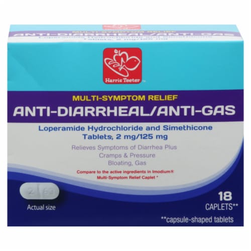 Harris Teeter™ Multi-Sympton Relief Anti Diarrheal/Anti Gas Lopermide Simthicon Tablets Perspective: front