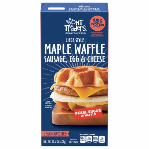 HT Traders™ Liege Style Maple Waffle Sausage Egg & Cheese Breakfast Sandwiches Perspective: front