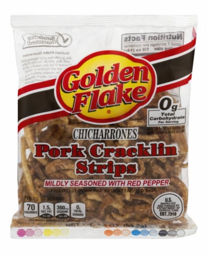 Golden Flake Red Pepper Pork Cracklin Strips Perspective: front