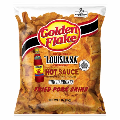 Golden Flake Louisiana Hot Sauce Fried Pork Skins Perspective: front
