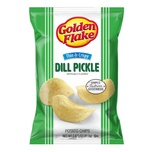Golden Flake Thin & Crispy Dill Pickle Potato Chips Perspective: front