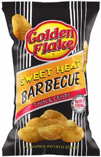 Golden Flake Thin & Crispy Sweet Heat Barbecue Potato Chips Perspective: front