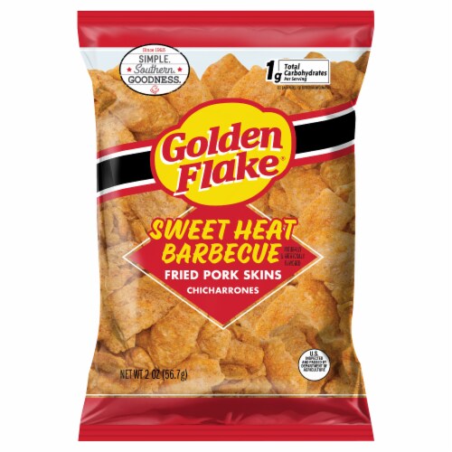 Golden Flake Sweet Heat Barbecue Chicharrones Fried Pork Skins Perspective: front