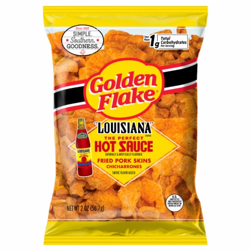 Golden Flake® Louisiana Hot Sauce Chicharrones Fried Pork Skins Perspective: front