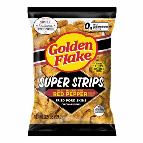 Golden Flake® Red Pepper Super Strips Fried Pork Skins Perspective: front
