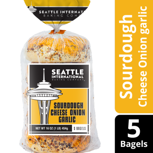 Seattle International Baking Company® Sourdough Cheese Onion Garlic Bagel Perspective: front