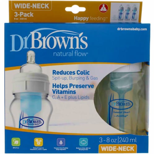 Dr. Brown's Natural Flow Wide-Neck Baby Bottle, 8 oz, 3 Ct, 0/Fl Oz - Pay  Less Super Markets