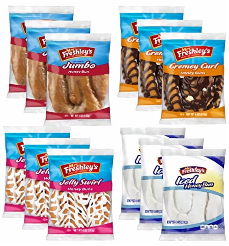 Mrs. Freshley's Honey Buns Variety Pack | Chocolate, Iced, Glazed and Jelly | 4 oz. each | 12 Perspective: front