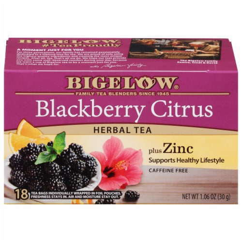 Bigelow® Blackberry Citrus Herbal Tea Caffeine Free Tea Bags plus Zinc Perspective: front