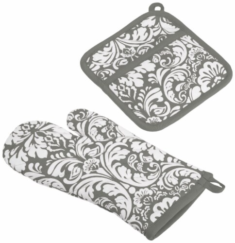 DII Gray Damask Oven Mitt & Potholder Set Perspective: front