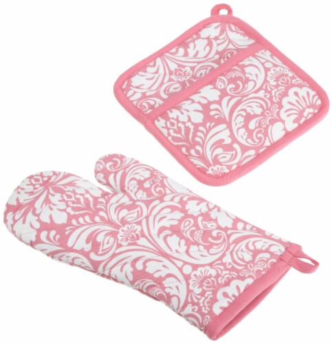 DII Pink Damask Oven Mitt & Potholder Set Perspective: front