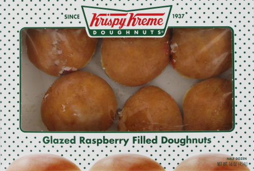 Krispy Kreme Glazed Raspberry Filled Doughnuts 6 Count Perspective: front