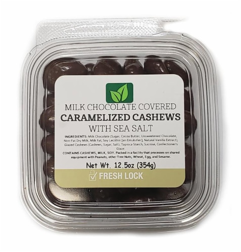 Torn & Glasser Milk Chocolate Covered Carmelized Cashews with Sea Salt Perspective: front