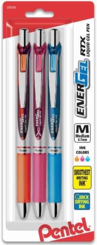 Pentel EnerGel 0.7mm Medium Point RTX Liquid Gel Pen - 3 Pack - Orange/Pink/Blue Perspective: front