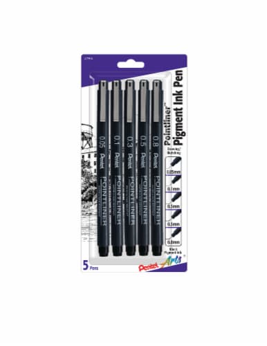 Pentel Arts Pointliner Pigment Ink Pen Assorted Sizes 5/Pkg-Black Perspective: front