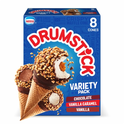 Nestle Drumstick Chocolate/Vanilla Caramel/Vanilla Frozen Dairy Dessert Cones Variety Pack Perspective: front