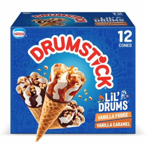 Drumstick Vanilla Fudge/Vanilla Caramel Frozen Dairy Dessert Cones Perspective: front