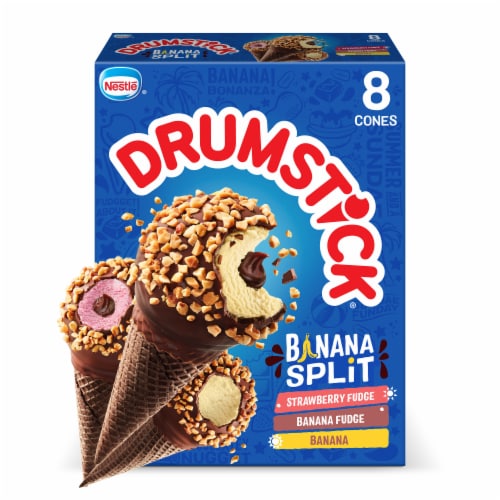 Drumstick Banana Split Strawberry Fudge/Banana Fudge/Banana Frozen Dairy Dessert Cones Perspective: front