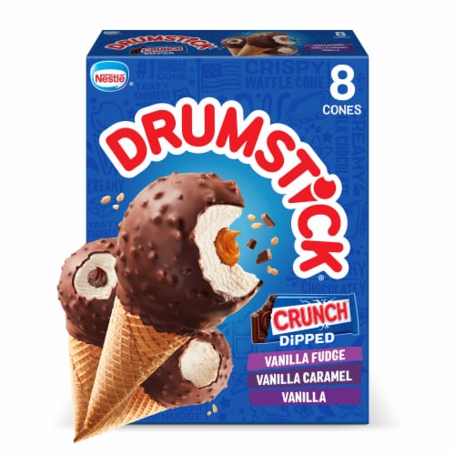 Drumstick Crunch Dipped Vanilla Fudge/Vanilla Caramel/Vanilla Frozen Dairy Dessert Cones Perspective: front