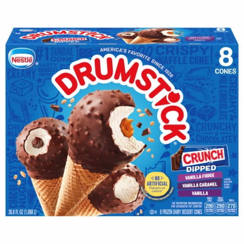 Drumstick Crunch Dipped Vanilla Fudge/Vanilla Caramel/Vanilla Frozen Dairy Dessert Cones Perspective: front